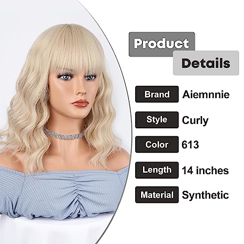 Aiemnnie Short 613 Bob Wig with Bangs for Women Wavy Wig Synthetic Wigs with Bangs Curly Wavy Wig for Girls Daily Use （14 Inches）