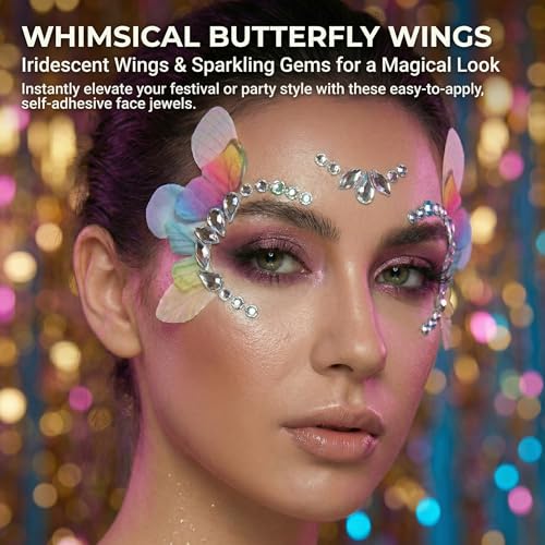 Rhinestone Eye Gems with Fabric Butterflies - Self Adhesive Face Jewels