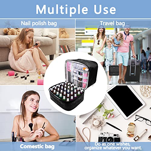 Veirdro Nail Polish Organizer Bag Holds 30 Bottles (15ml/0.5 fl.oz)& Nail Lamp, Portable Travel Nail Kit Storage Carrying Case, Double Layer Nail Supplies Holder Bag PU Leather Women (Elegant Black)