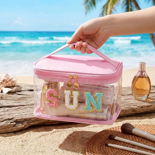 Clear Waterproof Makeup Bag with Letter Patches - Sunscreen Travel Pouch