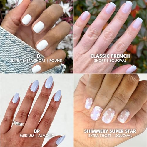 Olive & June Glue Press On Bestsellers Kit | Includes 4 Fake Nail Sets (HD Crisp White, Classic French, Shimmery Super Star, BP Icy Blue) | Realistic Look, Non-Damaging Glue, Up to 14-Day Wear
