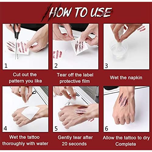 9 Sheet Body Face Temporary Tattoos Realistic Fake Wound Stitch Scar Scab Waterproof Horror Sticker Halloween Fool's Day Zombie Masquerade Prank Makeup Props for Kids Adult