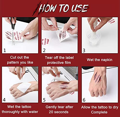 9 Sheet Realistic Fake Scar Temporary Tattoos - Waterproof Halloween Zombie Makeup