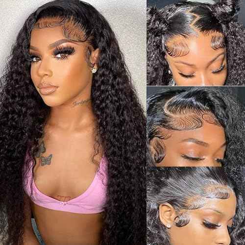 5x5 HD Lace Closure Wigs Human Hair Deep Wave Lace Front Wigs Human Hair Glueless Wigs Human Hair Pre Plucked Curly Closure Wig Virgin Deep Wave Wig 180% Density Closure Wig 18 Inch