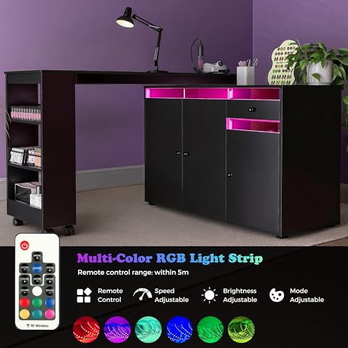 L-Shaped Manicure Table with LED Light, Storage & Rotating Desk