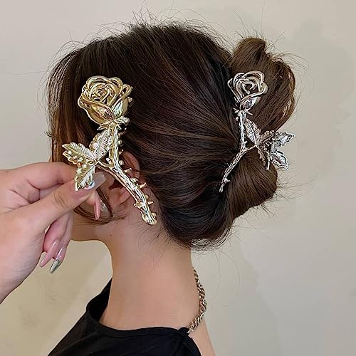 YKZFUI Rose Hair Claw Clips, 2Pcs Large Non-Slip Strong Metal Rose Flower Hair Clips for Women Thick or Thin Hair Decor