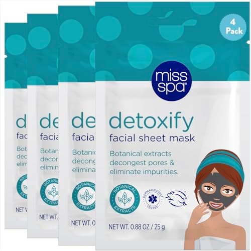 MISS SPA Detoxify Facial Sheet Mask Botanical Extracts to Decongest Pores Remove Impurities, Detox Facial Sheet Mask Skin Care, Dermatologist Tested, Cruelty-Free 4 Pack