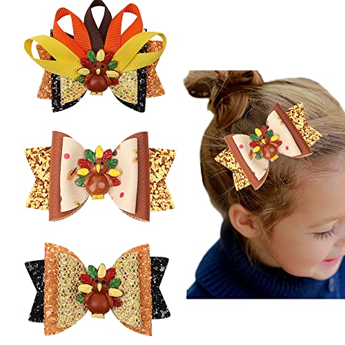 Thanksgiving Turkey Hair Bow Clips Toddler Girls Kids Glitter Large Ribbon Hairpin Fall Yellow Hair Barrettes Accessories for Thanks Day Party Favor Gift (Bowknot Turkey)