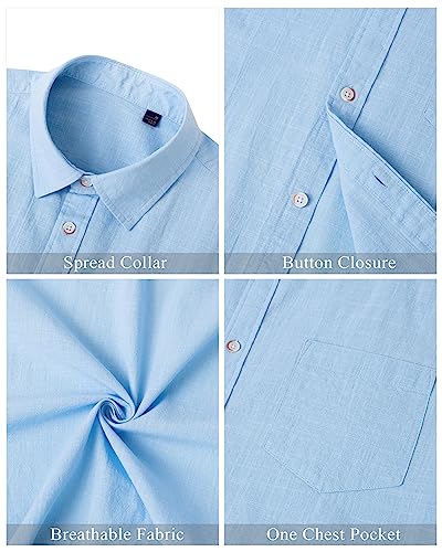 J.VER Men's Short Sleeve Linen Button Down Shirt Casual Beach Wedding Shirt with Pocket Sky Blue Medium