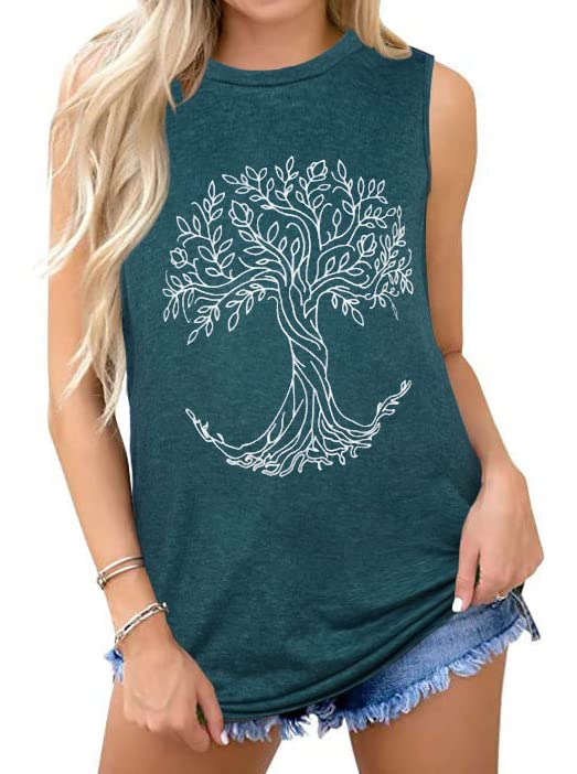 Graphic Sleeveless Tops for Women Tanks Summer Casual Loose Tunic Blouses(Green Tree, S)