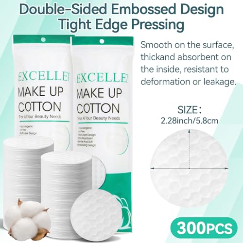 300 Cotton Rounds - Lint Free Makeup Pads for Face Cleansing