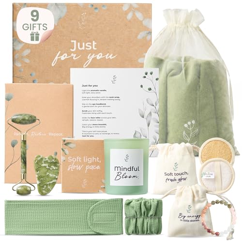 Self Care Gifts for Women, Spa Gift Baskets for Women with Neck Wrap, Spa Head Band & Bracelet, Face Roller, Gua Sha, Face Scrubbers, Aromatic Candle and Healing Stone Bracelet, Self Care Kit.