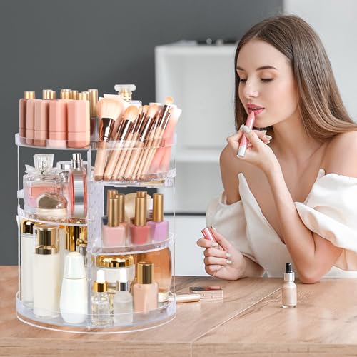 Boxalls Makeup Organizer Rotating Large Capacity, 360 Makeup Carousel with Brush Compartment, Clear Skincare Cosmetic Spinning Organizer with 7 Layers for Countertop Vanity Bathroom Bedroom