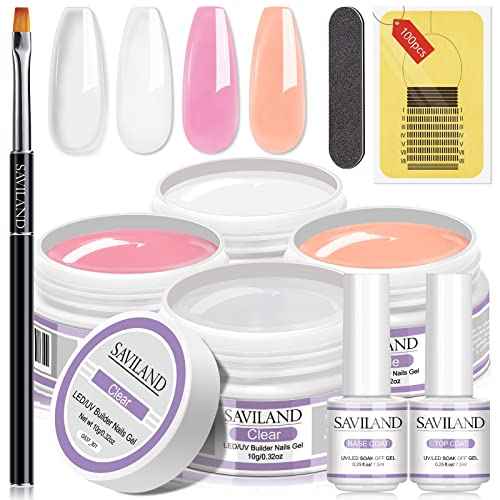 SAVILAND Builder Nail Gel Kit: 4 Colors Thickening Builder Nail Gel Clear White Pink Nudes Nail Strengthener Soak Off U V Extension Gels with 100PCS Forms Brush Pen Manicure Tools Home Salon DIY