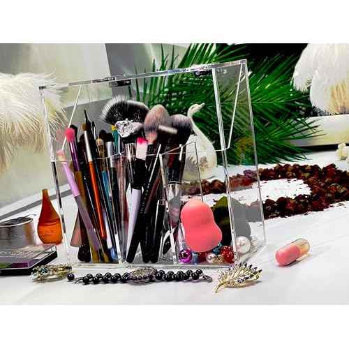 Acrylic Makeup Organizer,Clear Cosmetic Brush Storage Box With 3 Brush Holders,Makeup Brush Holderwith Dust Cover, Large-capacity Split Design Can Quickly Organize the Desktop£¨No pearls£©