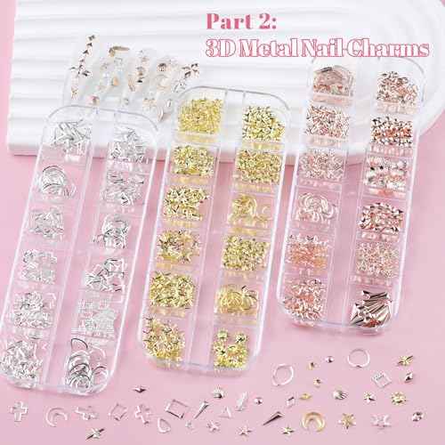 10 Boxes Nail Art Kit - 12 Colors Pointed/Flatback Rhinestones, 3D Gold/Silver/Rose Nail Studs, White Beige Half Pearls, Holographic Glitter & Foils + 3 Tools for DIY Nail Art Jewels & Crafts