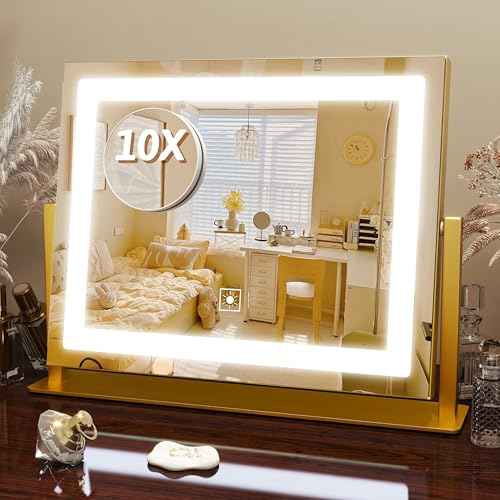 FENNIO Vanity Mirror with Lights, 12" x 16" Lighted Makeup Mirror with Smart Touch Control, 3 Color Modes & Brightness Adjustable, LED Makeup Mirror with 10X Magnification, Square Gold