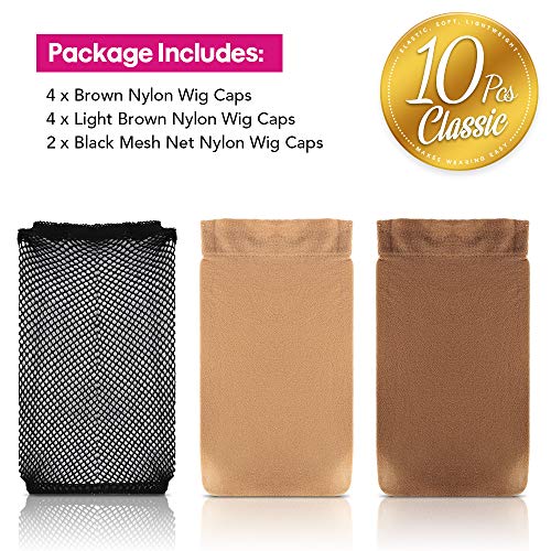 LEOBRO 10 PCS Wig Caps, Includes 4 PCS Brown Stocking Wig Caps, 4 PCS Light Brown Stocking Wig Caps, 2 PCS Black Mesh Net Wig Caps for Women Girl Kids Men, Cosplay Party Use