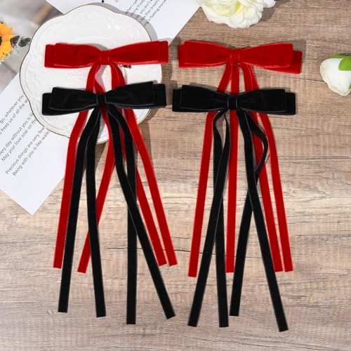 4PCS Velvet Hair Bows Ribbon Hair Clip Black Red Ponytail Holder Accessories Slides Metal Clips Barrettes Girls Toddlers Teens