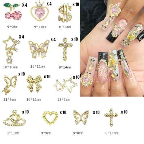 106 PCS Gold Nail Charms 3D Nail Art Charms Cherry Butterfly Cross Bow Star Heart Dollar 3D Nail Gems for Women Nail Art DIY Design