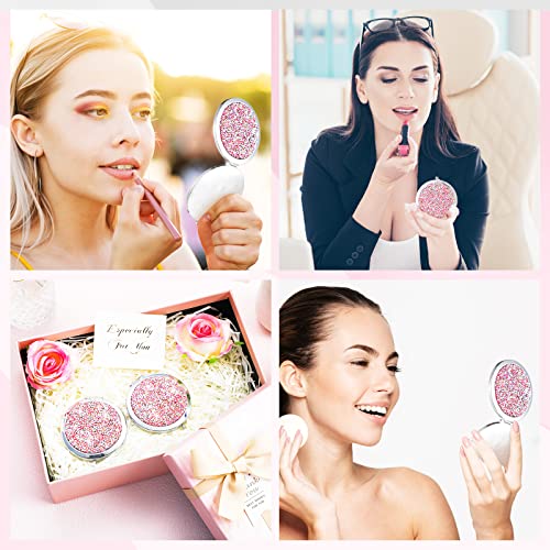 Maitys 16 Pcs Compact Mirror Bulk for Purses Small Cosmetic Folding 2.75 Inch Round Diamond Bling 1X/ 2X Magnifying Pocket Makeup Mirror for Women Wedding Gift, Pink Silver