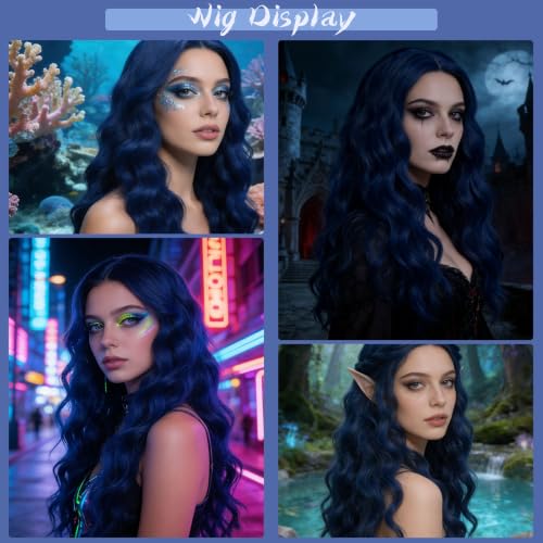 Dark Blue 18-Inch Curly Wavy Wig for Women Heat-Resistant Synthetic Hair Costume & Party Wear