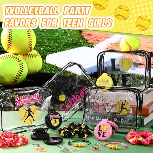 Meanplan 60 Pcs Softball Party Favors Softball Team Gifts for Players with 12 Set Bracelets Keychains Makeup Bag Mini Brush with Mirror Hair Scrunchies for Sport Party Supplies