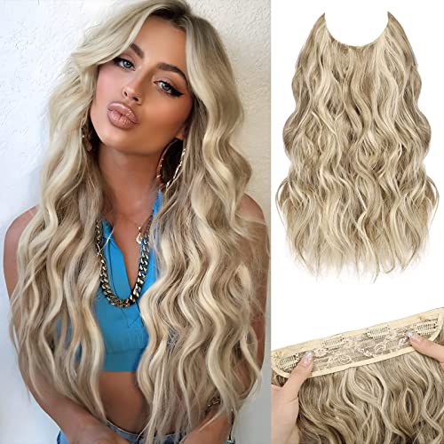 MORICA Invisible Wire Hair Extensions - 20 Inch Halo Hair Extension Long Wavy Synthetic Hairpiece with Transparent Wire Adjustable Size, 4 Secure Clips for Women (Ash Blonde Mixed Light Blonde,20Inch)