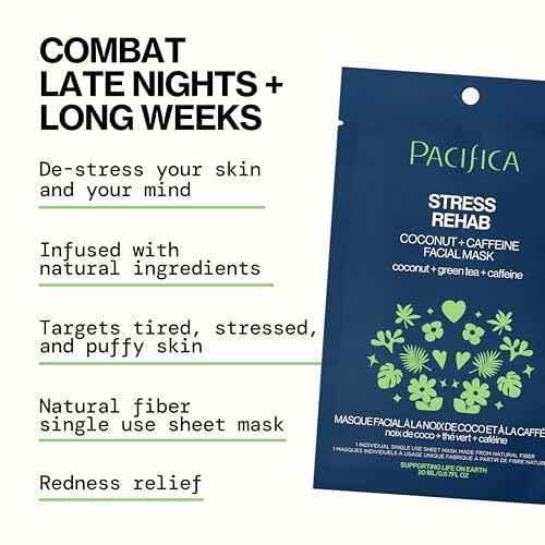 Pacifica Sheet Mask - Stress Rehab Coconut & Caffeine Facial Mask - 6-PACK De-Stress Sheet Mask for Redness & Puffiness Relief, Infused w/Green Tea, Turmeric & Hyaluronic Acid Cruelty-Free Skincare