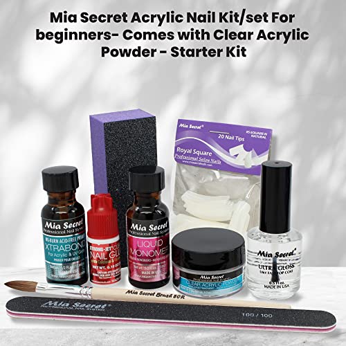 Mia Secret Acrylic Nail Kit: 1/2 oz liquid monomer, 1/2 oz clear acrylic powder, ultra quick nail glue, 1/2 oz ultra gloss top coat, fancy 20 nail tips, 1/2 oz primer, speedy zebra straight nail file 100/100, #8 nail brush and emery block