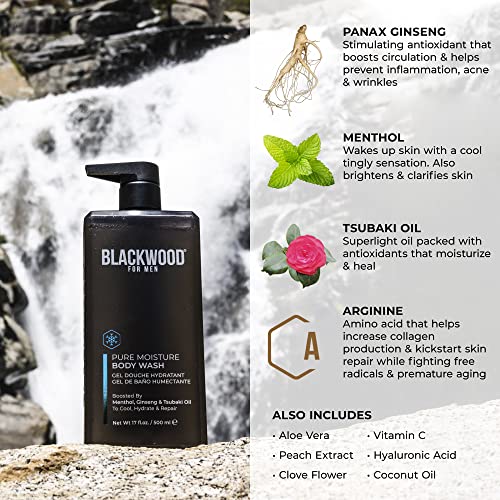 Blackwood For Men Pure Moisture Body Wash - Infused with Ginseng & Menthol - Natural Vegan Formula for Sensitive Skin and Workout Recovery - Sulfate Free, Paraben Free, & Cruelty Free (17 Oz)