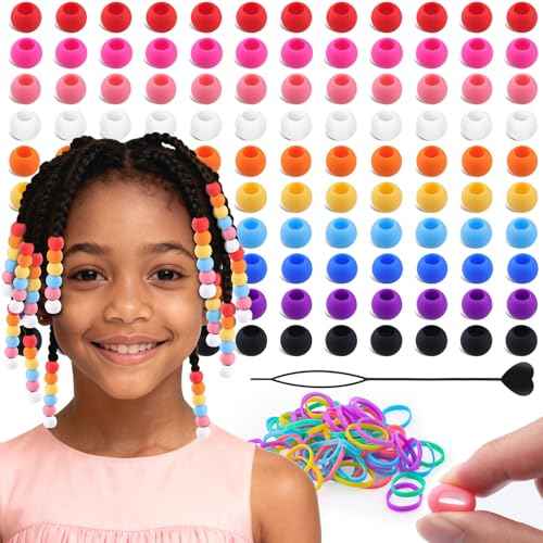 120Pcs 14mm Large Silicone Beads for Hair Braids, Soft Jellyish Hair Beads with 7mm Hole + 50 Rubber Bands and 1 Beader for Braiding, DIY Bracelets Necklaces Crafts (Multicolors)