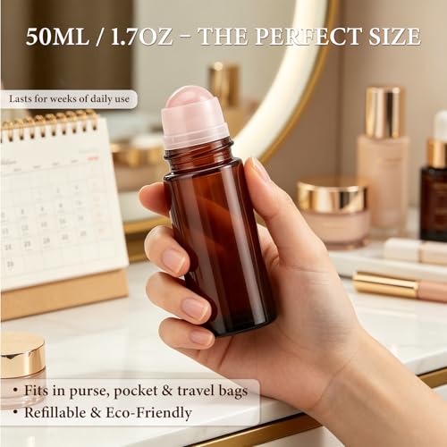 Rose Quartz Roller Bottles 50ml - 2 Pack Refillable Glass Bottles