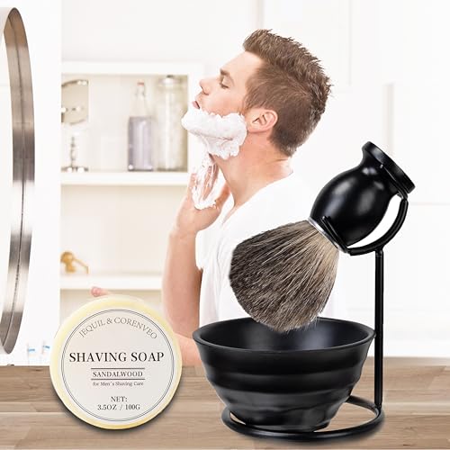 JEQUIL&CORENVEO Shaving Brush Set for Men, Pure Badger Hair Shaving Brush with Soap, Stand and Bowl