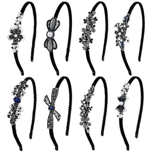Lawie 8 Pack Rhinestone Flower Butterfly Bowknot Crown Rhinestone Jeweled Sparkly Black Metal Headbands Velvet Covered Thin Hair Bands with Teeth Non Slip Hair Clasp Holder Accessories for Women Girls