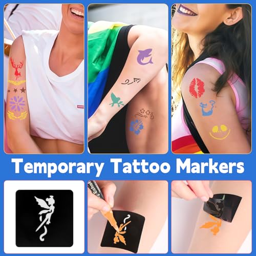 Temporary Tattoo Markers Kit - 16 Colors, 80 Stencils, Dual-End