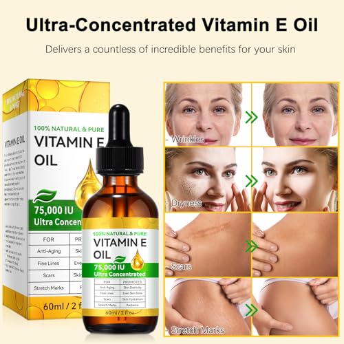 Vitamin E Oil 75,000 IU - Pure & Natural Skin & Hair Care - Moisturizing for Face, Body, Sars and Scalp 4 Fl Oz