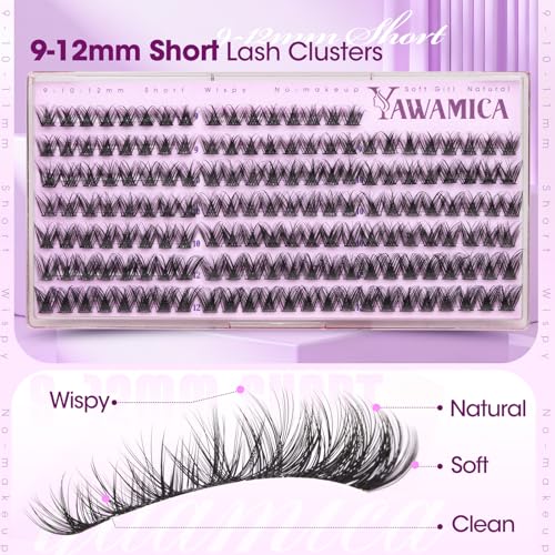 Yawamica Short D Curl Lash Clusters - Mixed 9mm-12mm for Natural Everyday Look
