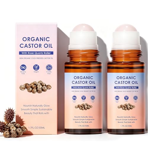 Omexry 2PC Organic Cold-Pressed Castor Oil Rose Quartz Roller for Skin Hair & Body