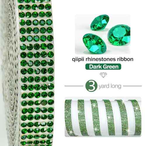 3 Yards Emerald Green Self Adhesive Rhinestone Strips K9 Glass Crytal Diamond Dark Green Bling Glitter Rhinestones Ribbon Sticker Bling Wrap Roll for Crafts DIY Arts Crafting Car Phone Decor