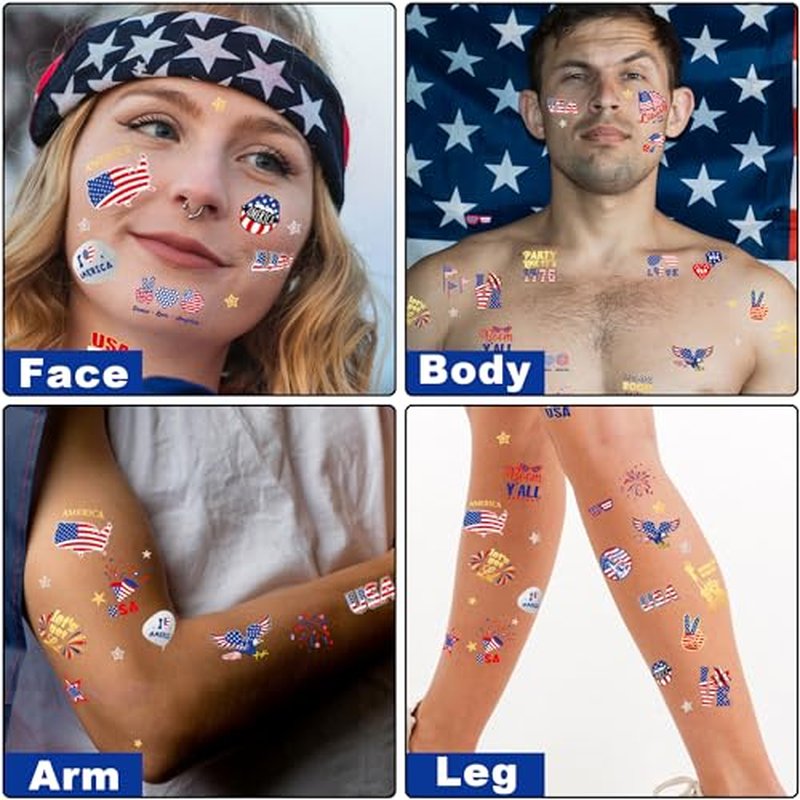 188 PCS 12 Sheets Independence Day Temporary Tattoo Set, 4th of July Face and Body Stickers, Patriotic Parade Accessories, Long Lasting Pentagram Temporary Tattoo Stickers, July 4th Accessories bulk