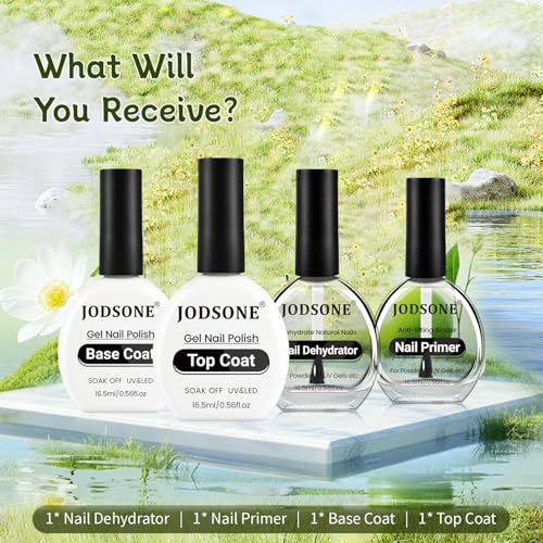 JODSONE 4-Piece Nail Prep Set: Base Coat, Top Coat, Primer & Dehydrator 16.5ml