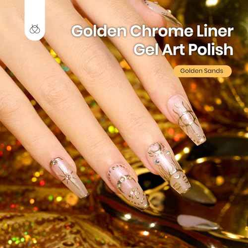 Beetles Metallic Gold Gel Liner 7ml French Tip Gel Polish 3D Mirror Chrome Effect Metal Painted Nail Polish Build in Thin Brush French Swirl Line Nail Art Soak off Uv Lamp Manicure Salon