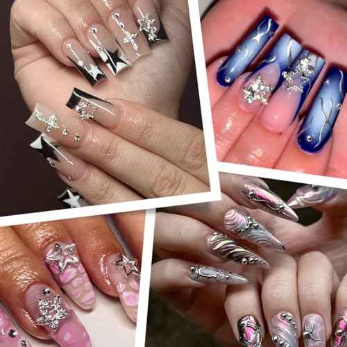 92pcs Star Nail Charms, 1 Box Silver Nail Pearls for Crafting Flat Back, Y2K Silver Metal Planet Cross for Acrylic Nail Art Rhinestones Dangling Star Nail Chains Cute Gems Manicure Decorations Bulk