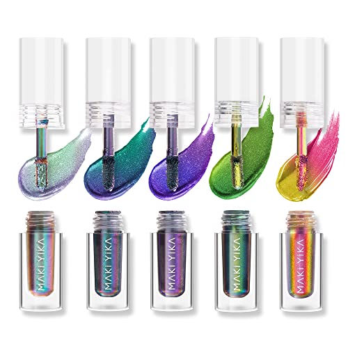 MAKI YIKA 5Pc Glitter Eyeshadow Liquid Multichrome Eyeshadows Long Lasting, Metallic Chameleon Eye Shadow Smudgeproof Holographic Multi-Dimensional Eye Looks (#1+2+3+5+6)