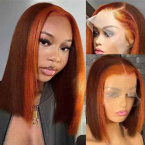 Ginger Orange Highlight Skunk Stripe Short Bob Wigs Human Hair Chocolate Brown Straight Bob Wigs Ombre 13x4 HD Lace Frontal Wigs Brazilian Virgin Human Hair Wig 150% Density Pre Plucked 10 Inch