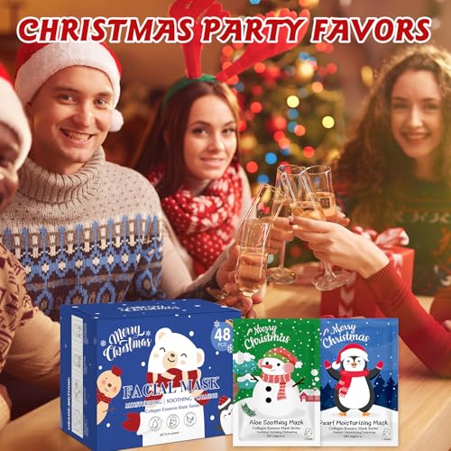 48 Pack Christmas Facial Masks for Stocking Stuffers, Bulk Moisturizing Facial Masks Set for Women Skin Care, Sheet Face Masks Skincare, Cute Christmas Gifts for Women