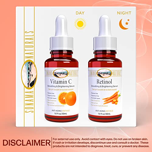 Vitamin C and Retinol Serum for Face, 1 oz. two-pack | Day & Night Kit | Smoothing Natural Anti-Aging Formula | Facial Serum for All Skin