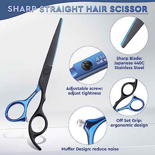 JASON Hair Cutting Scissors Kit - Professional 10 PCS Haircut Scissors Set with 6.7" Thinning/Texturizing Scissors, Straight Shears for Men Women Home Salon Barber (30 Teeth, Black & Blue) Christmas
