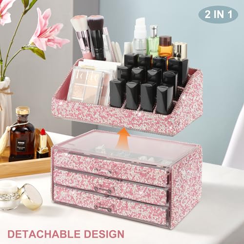 KEYPOWER Makeup Organizers Drawer Bling Diamond,Fashion Countertop Jewelry Cosmetic Storage Display Boxes,Makeup Brush Holder, Cosmetic Holder,2 Pieces Set(Purely Handmade)(Pink)